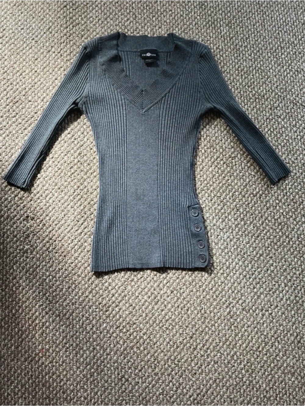 Express Ribbed V-Neck Gray Button-Accent Sweater